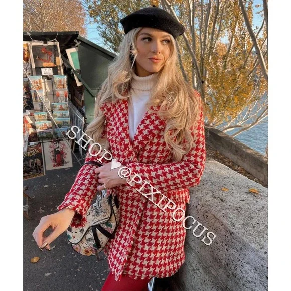 Zara Jackets Coats Zara Houndstooth Tweed Coat Textured Red